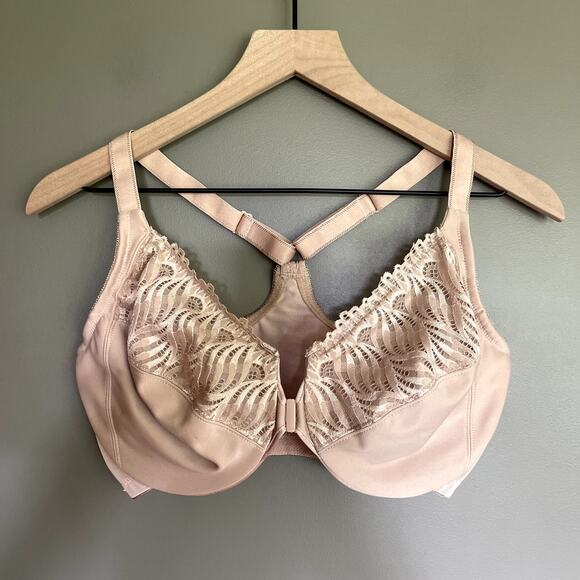 Glamorise Wonderwire Front Closure T Back Bra Cafe Size‎ 34G Nude Tan Cream Lace - Picture 6 of 16